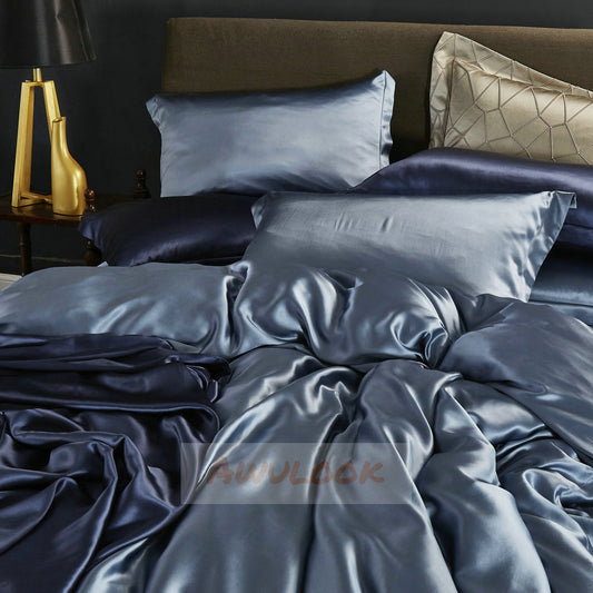 25Momme Seamless Luxury Silk Fitted Sheet/Flat Sheet/Dovut Cover/Bedding Set, Haze blue