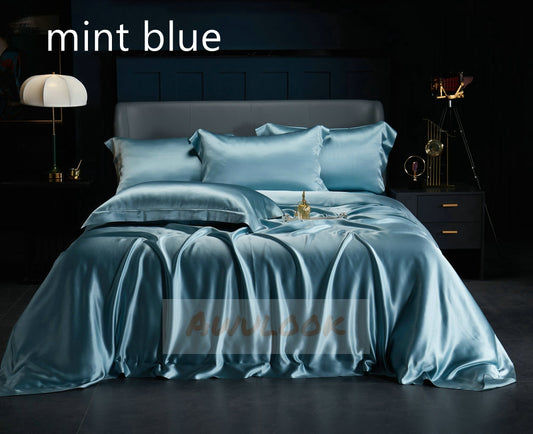 25Momme Seamless Luxury Silk Fitted Sheet/Flat Sheet/Dovut Cover/Bedding Set, Mint blue