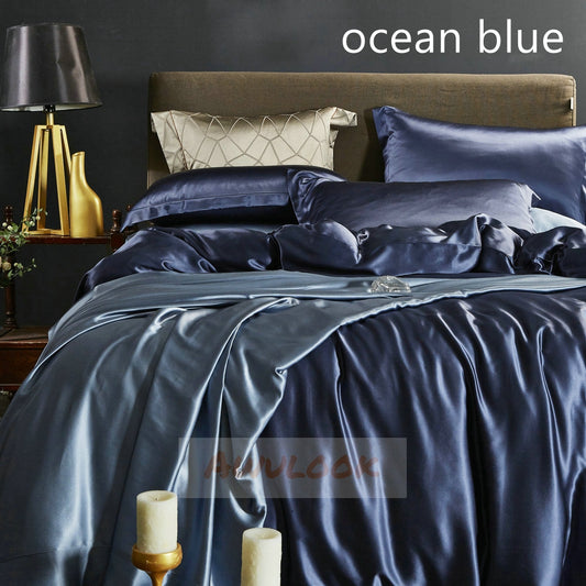 25Momme Seamless Luxury Silk Fitted Sheet/Flat Sheet/Dovut Cover/Bedding Set, Ocean blue