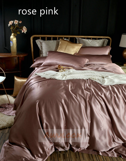 25Momme Seamless Luxury Silk Fitted Sheet/Flat Sheet/Duvet Cover/Bedding Set, Rose Pink