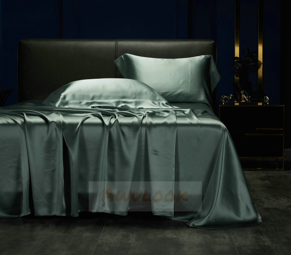25Momme Seamless Luxury Silk Fitted Sheet/Flat Sheet/Dovut Cover/Bedding Set, Sage green