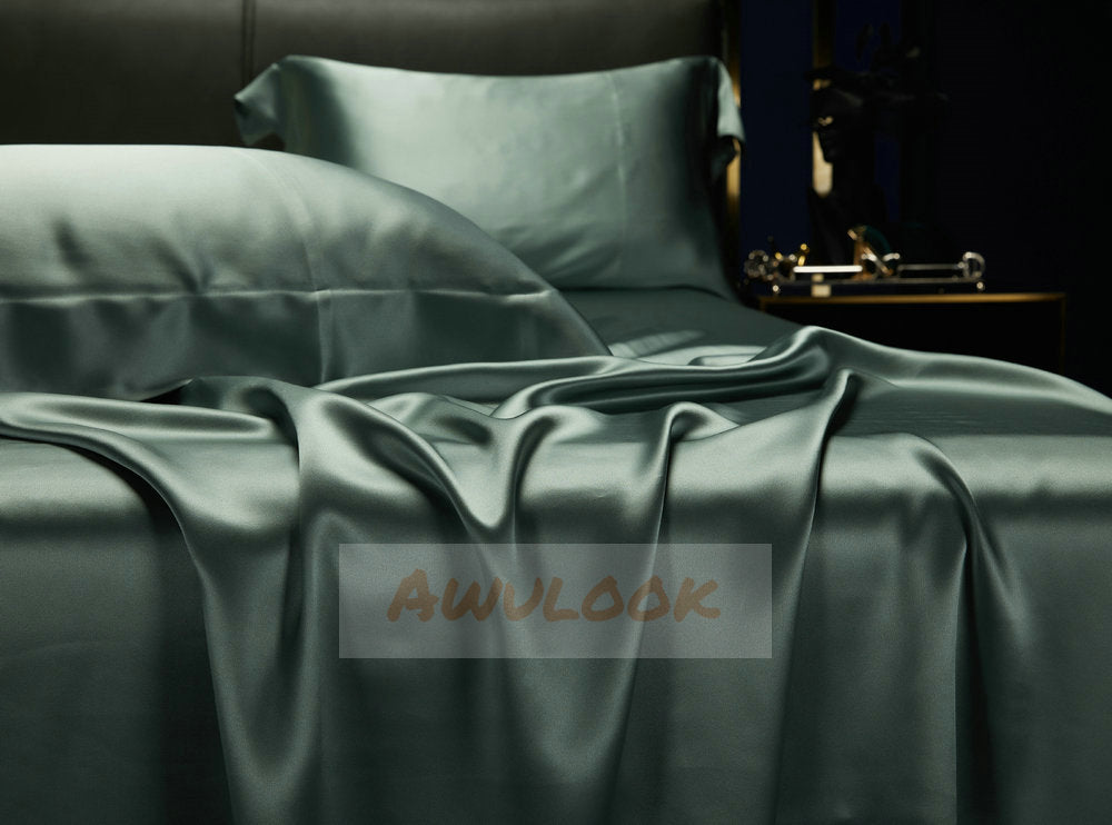 25Momme Seamless Silk Fitted Sheet/Flat Sheet/Dovut Cover/Bedding Set, Matcha - Awulook