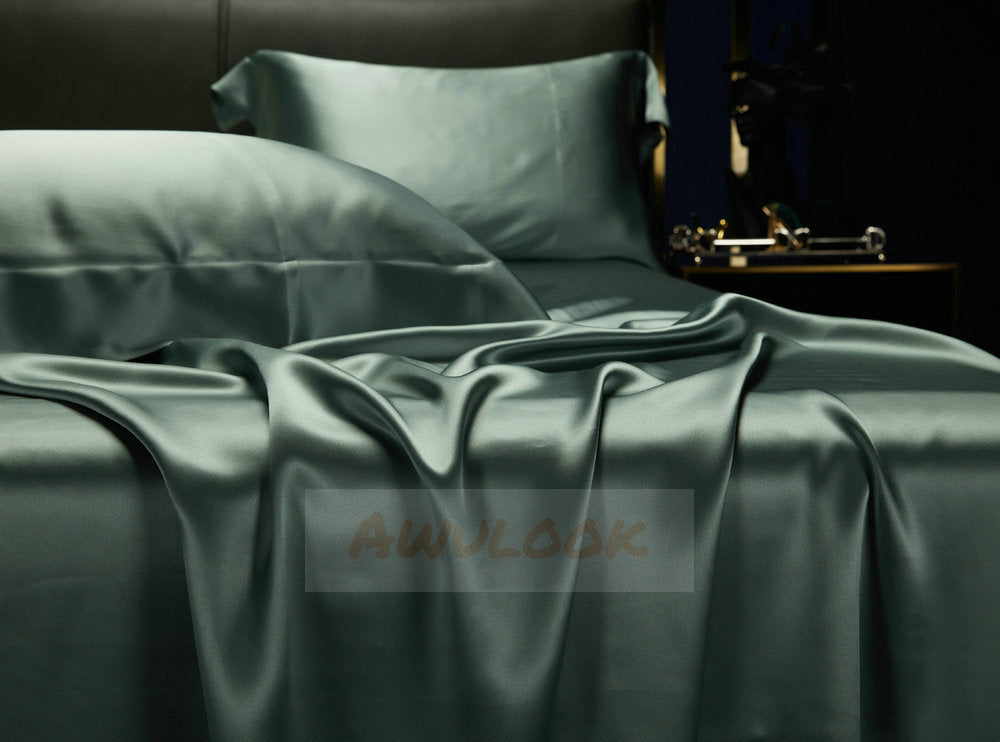 25Momme Seamless Luxury Silk Fitted Sheet/Flat Sheet/Dovut Cover/Bedding Set, Sage green