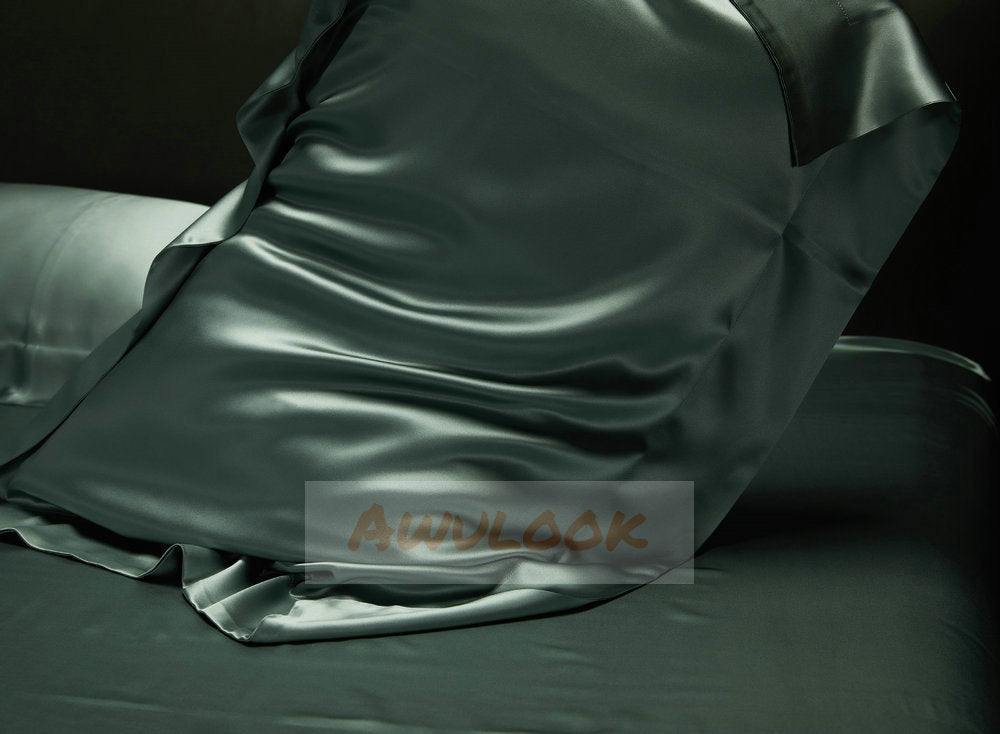 25Momme Seamless Silk Fitted Sheet/Flat Sheet/Dovut Cover/Bedding Set, Matcha - Awulook