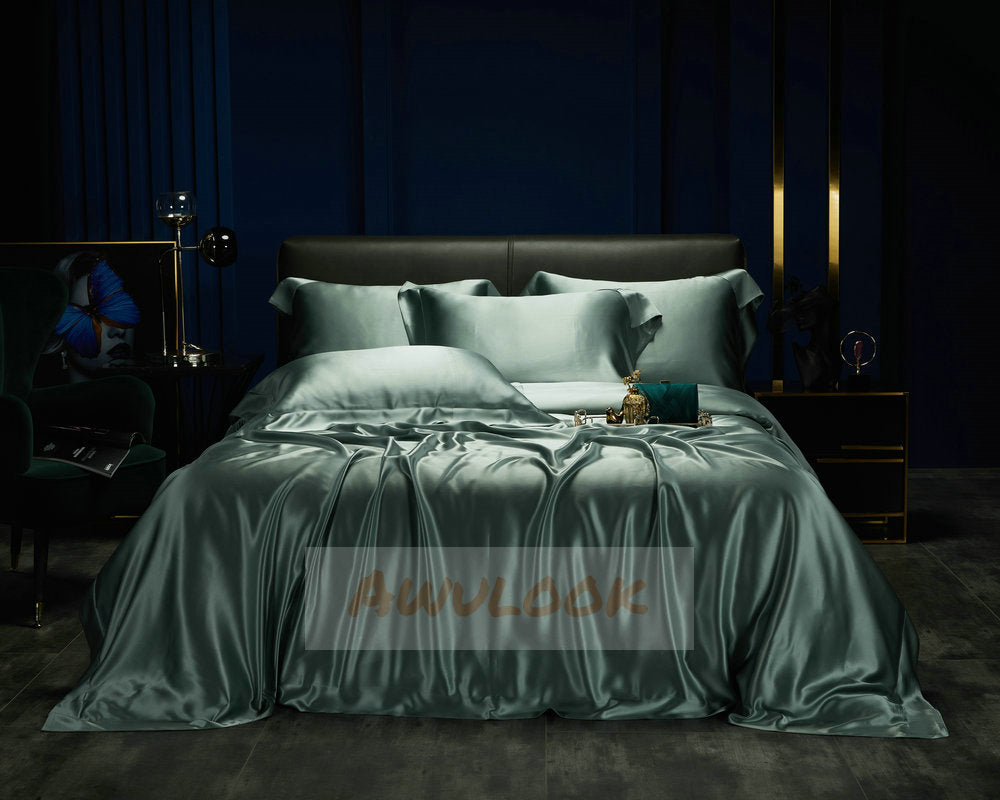 25Momme Seamless Silk Fitted Sheet/Flat Sheet/Dovut Cover/Bedding Set, Matcha - Awulook