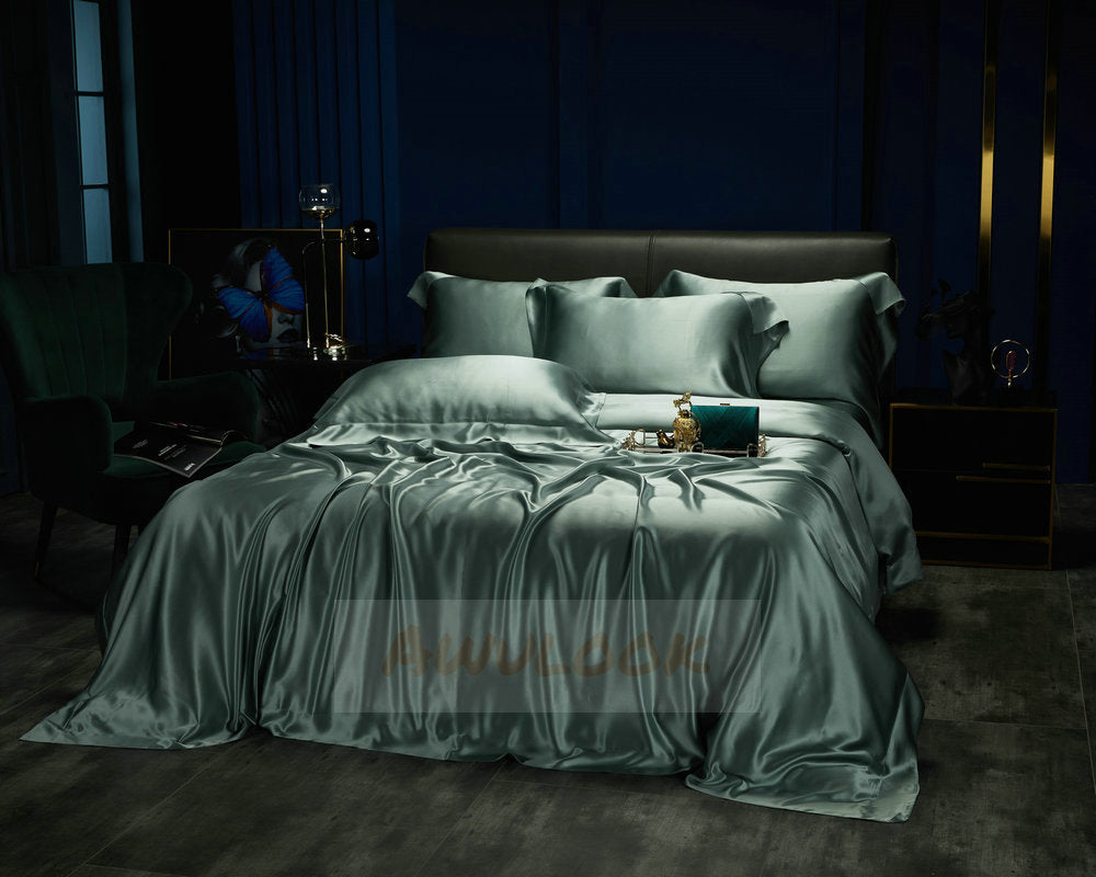 25Momme Seamless Luxury Silk Fitted Sheet/Flat Sheet/Dovut Cover/Bedding Set, Sage green