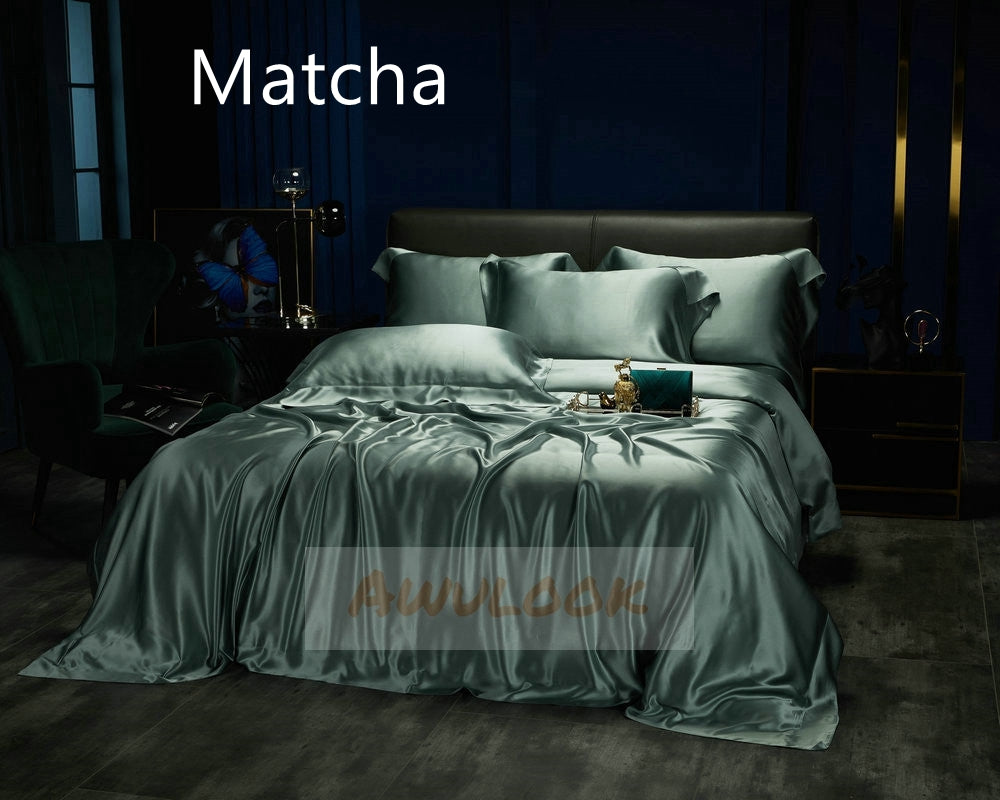 25Momme Seamless Silk Fitted Sheet/Flat Sheet/Dovut Cover/Bedding Set, Matcha - Awulook