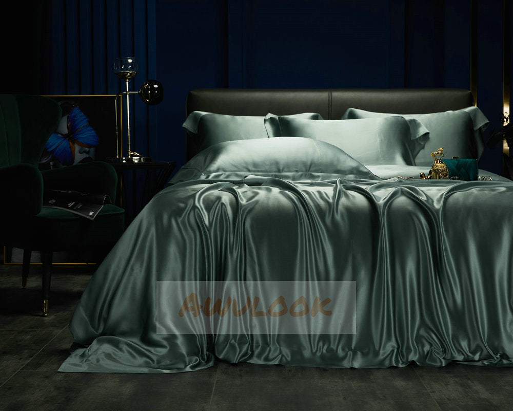 25Momme Seamless Silk Fitted Sheet/Flat Sheet/Dovut Cover/Bedding Set, Matcha - Awulook