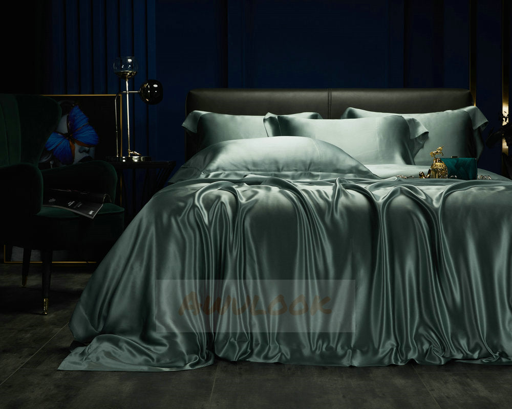 25Momme Seamless Luxury Silk Fitted Sheet/Flat Sheet/Dovut Cover/Bedding Set, Sage green