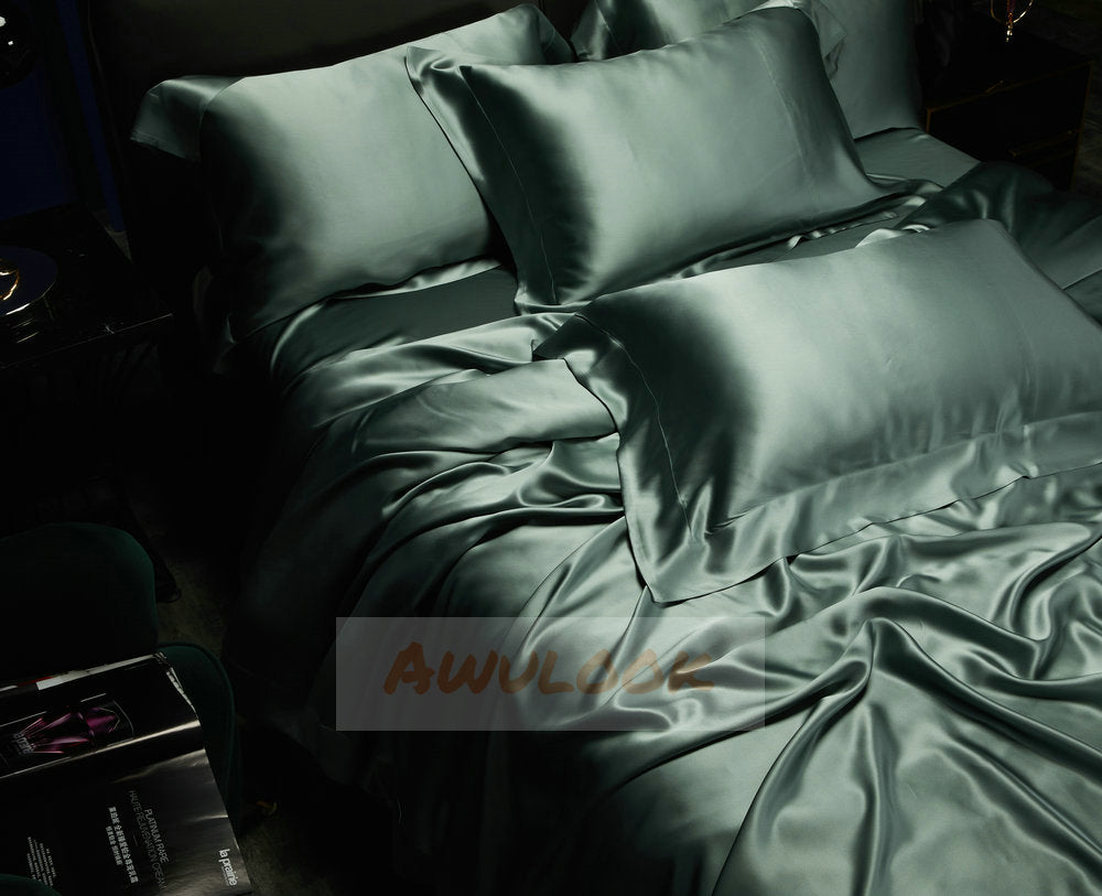 25Momme Seamless Silk Fitted Sheet/Flat Sheet/Dovut Cover/Bedding Set, Matcha - Awulook
