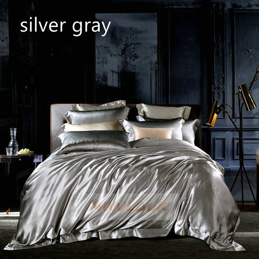 25Momme Seamless Luxury Silk Fitted Sheet/Flat Sheet/Dovut Cover/Bedding Set, Silver gray