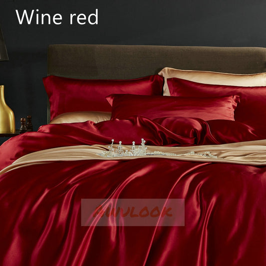 25Momme Seamless Luxury Silk Fitted Sheet/Flat Sheet/Dovut Cover/Bedding Set, Wine Red