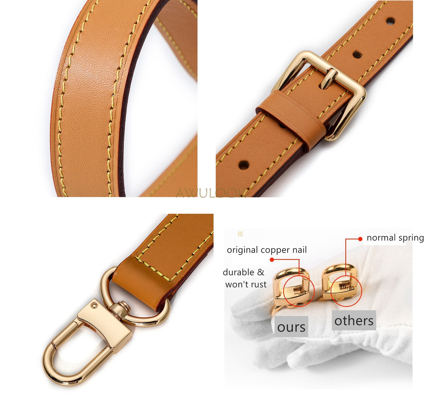 Bandoulière en cuir de veau, 10/12/15/18/20/25 mm - Marron abricot, pour sac Dauphine/Neverful/sacs à main/pochette/pochette