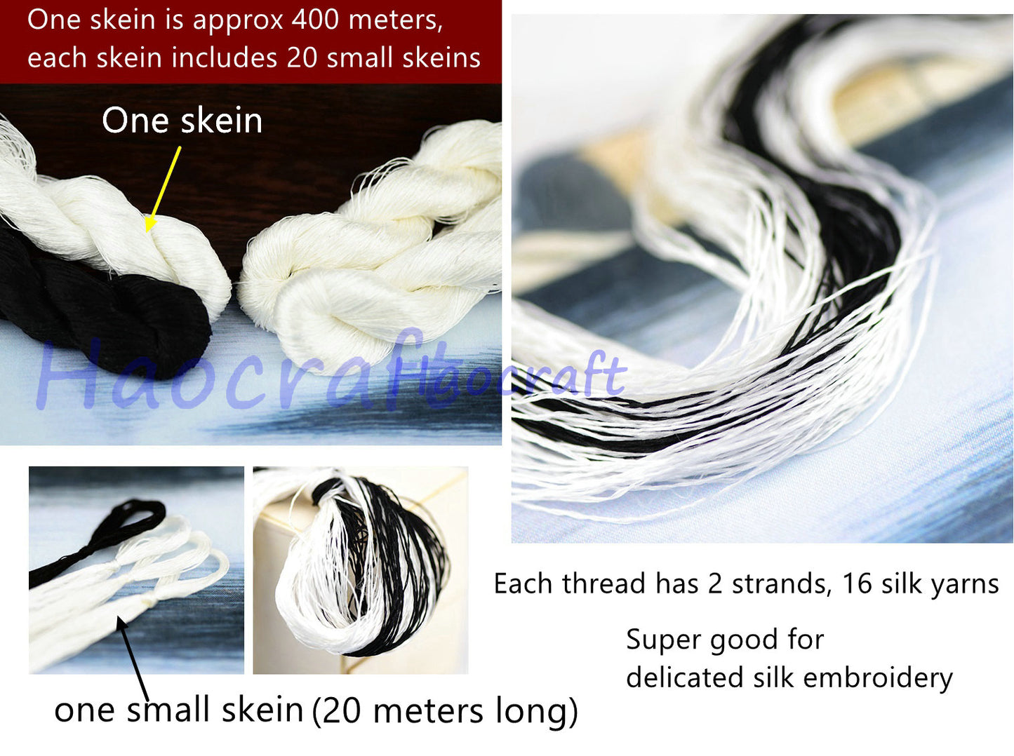 100% Mulberry Silk Embroidery Thread Skeins, Black, White, Gray colors, 400meters