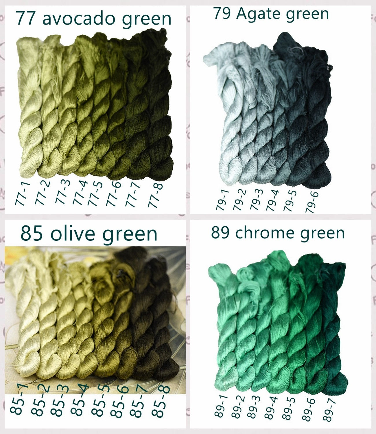 100% Mulberry Silk Embroidery Thread Skeins, Green Colors, 400meters