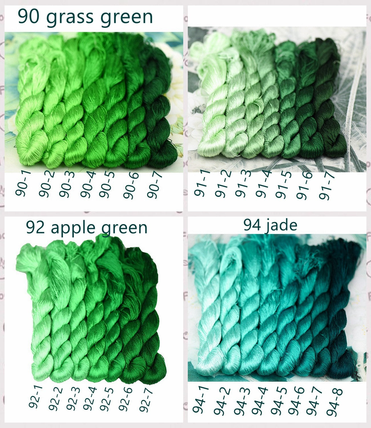 100% Mulberry Silk Embroidery Thread Skeins, Green Colors, 400meters