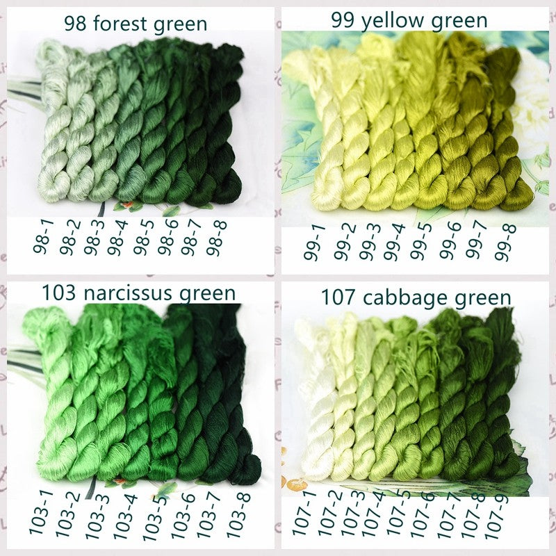 100% Mulberry Silk Embroidery Thread Skeins, Green Colors, 400meters