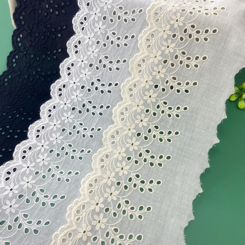 13cm Wide Black/White Cotton Lace Trim, Scalloped Border Trim with Eyelet Embroidery