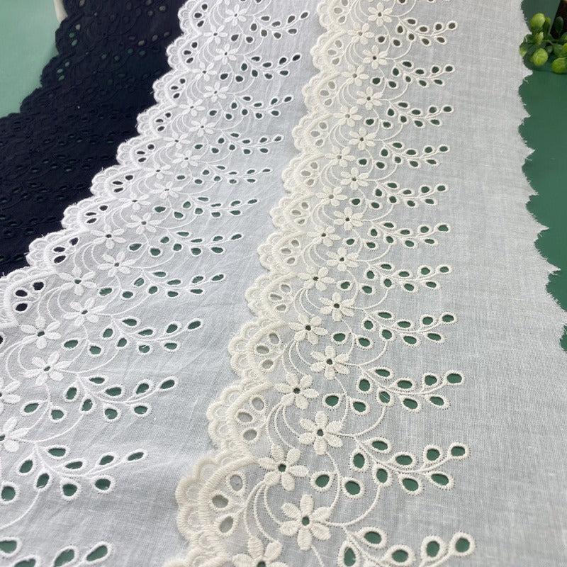 13cm Wide Black/White Cotton Lace Trim, Scalloped Border Trim with Eyelet Embroidery