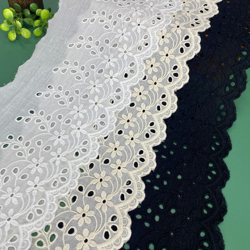 13cm Wide Black/White Cotton Lace Trim, Scalloped Border Trim with Eyelet Embroidery