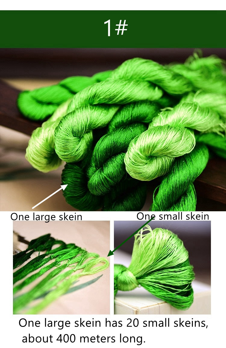 100% Mulberry Silk Embroidery Thread Skeins, Green Colors, 400meters