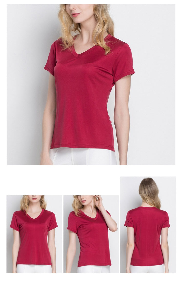Women 100% Silk T-shirt, V-neck - Awulook