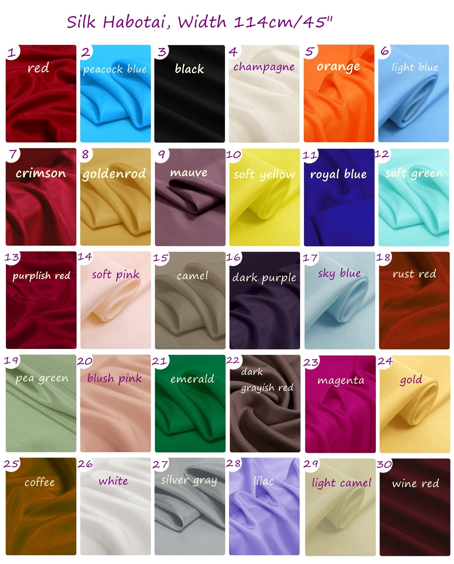 Silk Habotai Fabric, Width45"/114cm, Color 1-30 - Awulook
