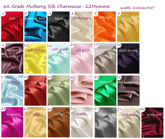 22Momme Silk Charmeuse, Width 114cm/45"| Color 1#-30#