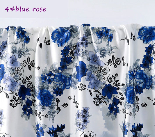 Blue Rose Floral Printed Silk Charmeuse, 100% Mulberry silk fabric by the yard/meter |Width 114cm/45inch