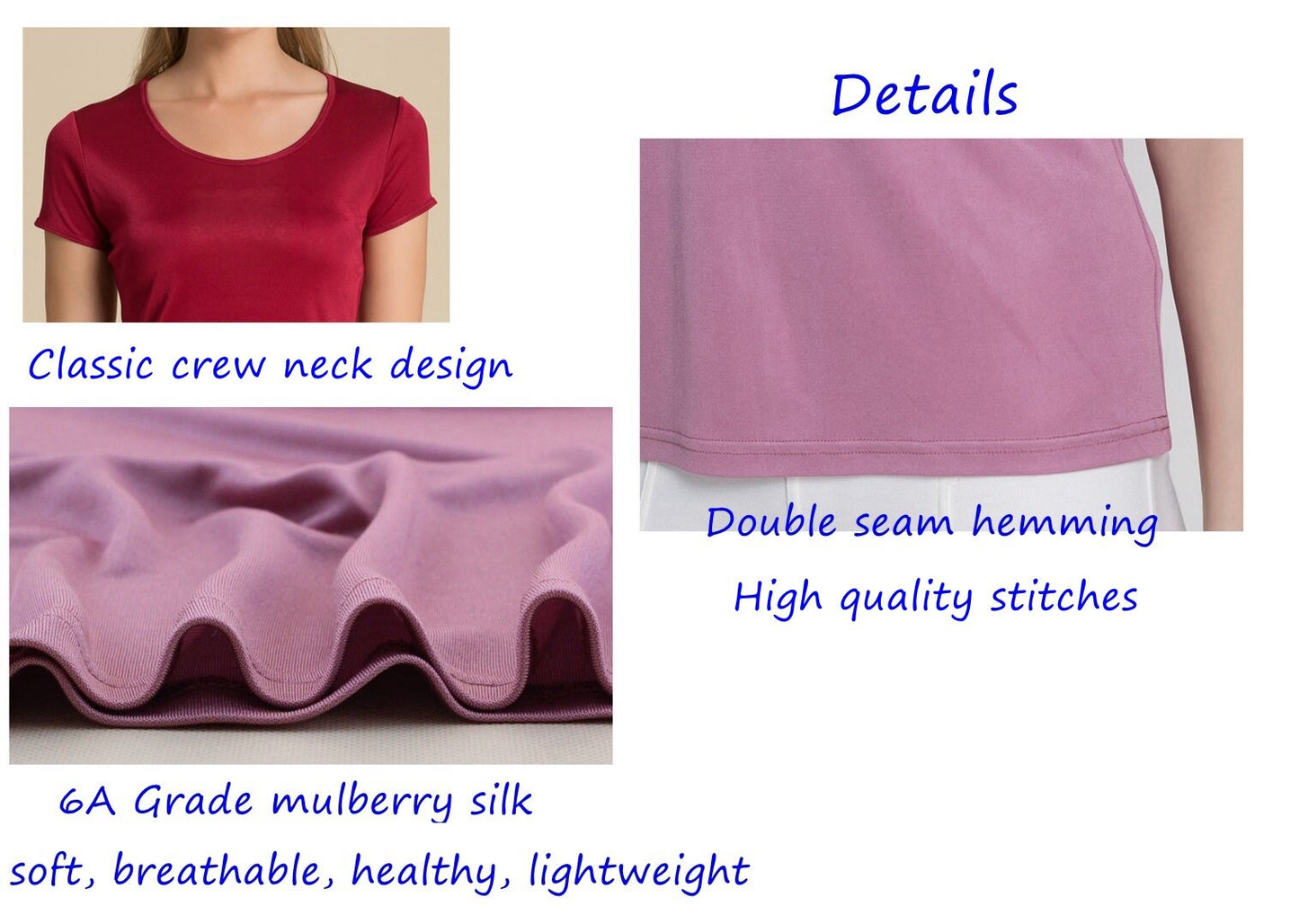 Women 100% Silk T-shirt, Crew Neck