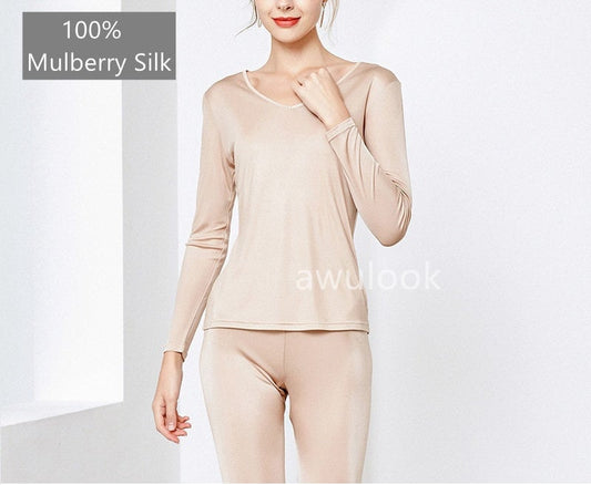 Women 100% Mulberry Silk Thermal Underwear Set/Leggings/Top, V Neck