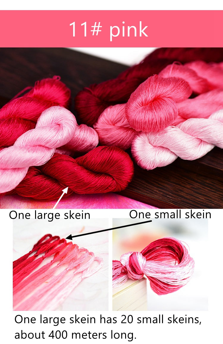 100% Mulberry Silk Embroidery Thread Skeins, Pink Colors, 400meters