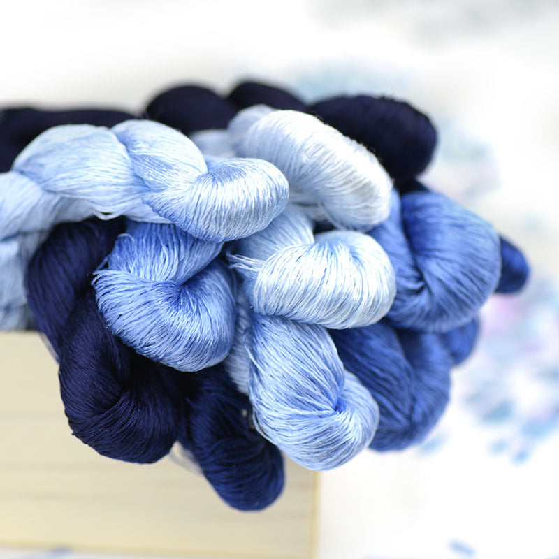 100% Mulberry Silk Embroidery Thread Skeins, Blue Colors, 400meters