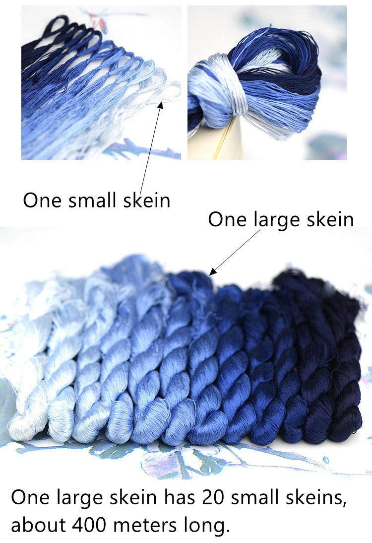 100% Mulberry Silk Embroidery Thread Skeins, Blue Colors, 400meters