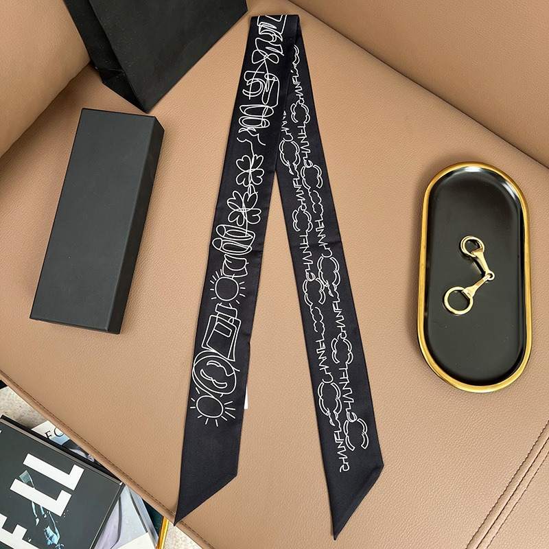 Chane*l Silk Slim Camellia CC Bandeau Scarf
