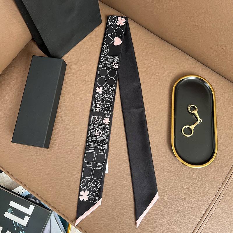 Chane*l Silk Slim Camellia CC Bandeau Scarf