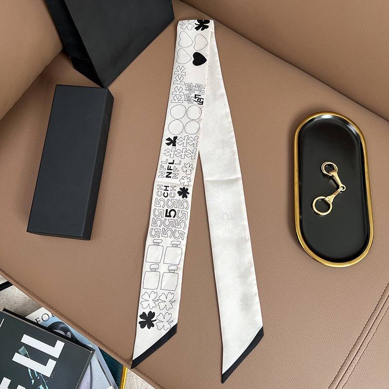 Chane*l Silk Slim Camellia CC Bandeau Scarf