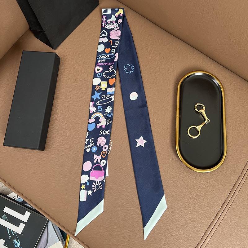 Chane*l Silk Slim Camellia CC Bandeau Scarf