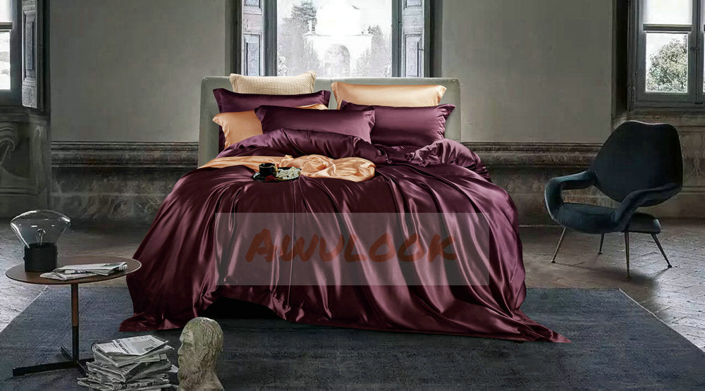 25Momme Seamless Luxury Silk Fitted Sheet/Flat Sheet/Dovut Cover/Bedding Set, Burgundy - Awulook