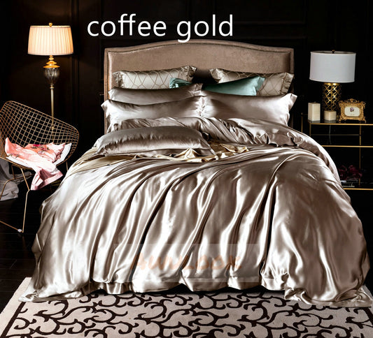 25Momme Seamless Luxury Silk Fitted Sheet/Flat Sheet/Dovut Cover/Bedding Set, Coffee Gold - Awulook