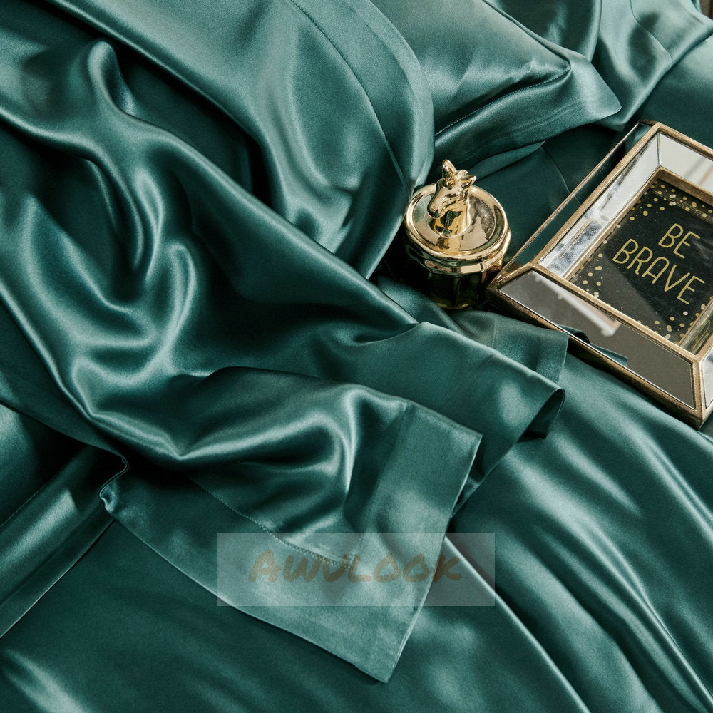 25Momme Seamless Luxury Silk Fitted Sheet/Flat Sheet/Dovut Cover/Bedding Set, Emerald - Awulook