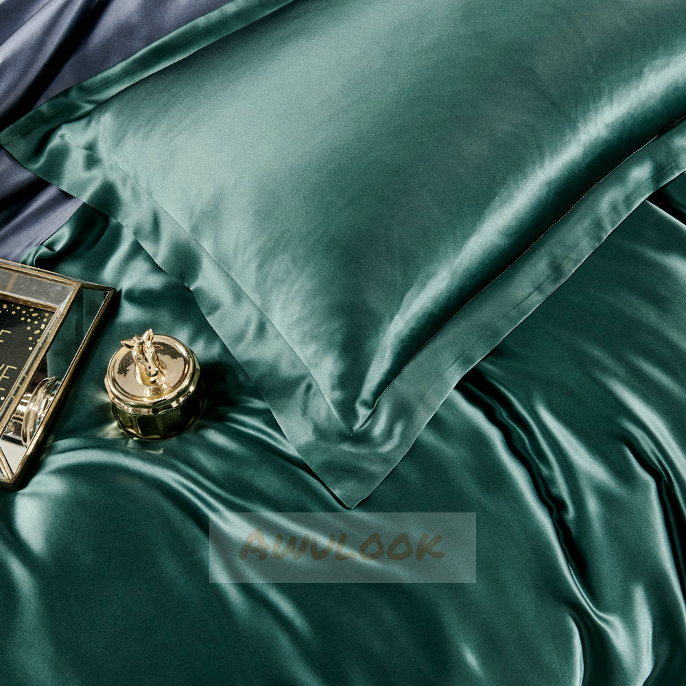 25Momme Seamless Luxury Silk Fitted Sheet/Flat Sheet/Dovut Cover/Bedding Set, Emerald - Awulook