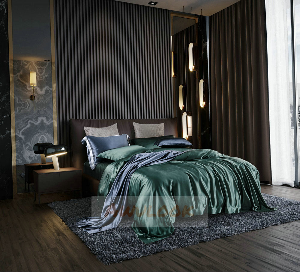 25Momme Seamless Luxury Silk Fitted Sheet/Flat Sheet/Dovut Cover/Bedding Set, Emerald - Awulook