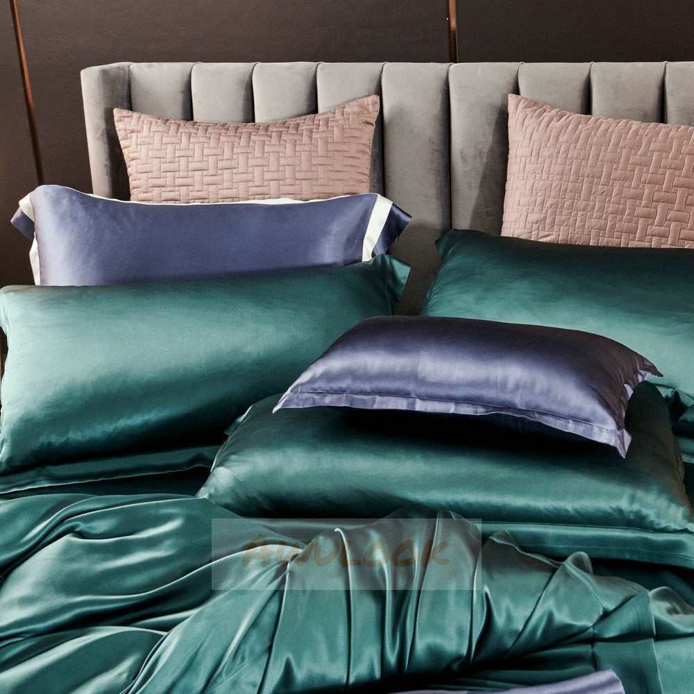 25Momme Seamless Luxury Silk Fitted Sheet/Flat Sheet/Dovut Cover/Bedding Set, Emerald - Awulook