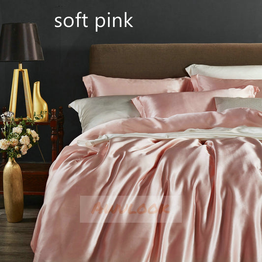 25Momme Seamless Luxury Silk Fitted Sheet/Flat Sheet/Dovut Cover/Bedding Set, Soft pink - Awulook