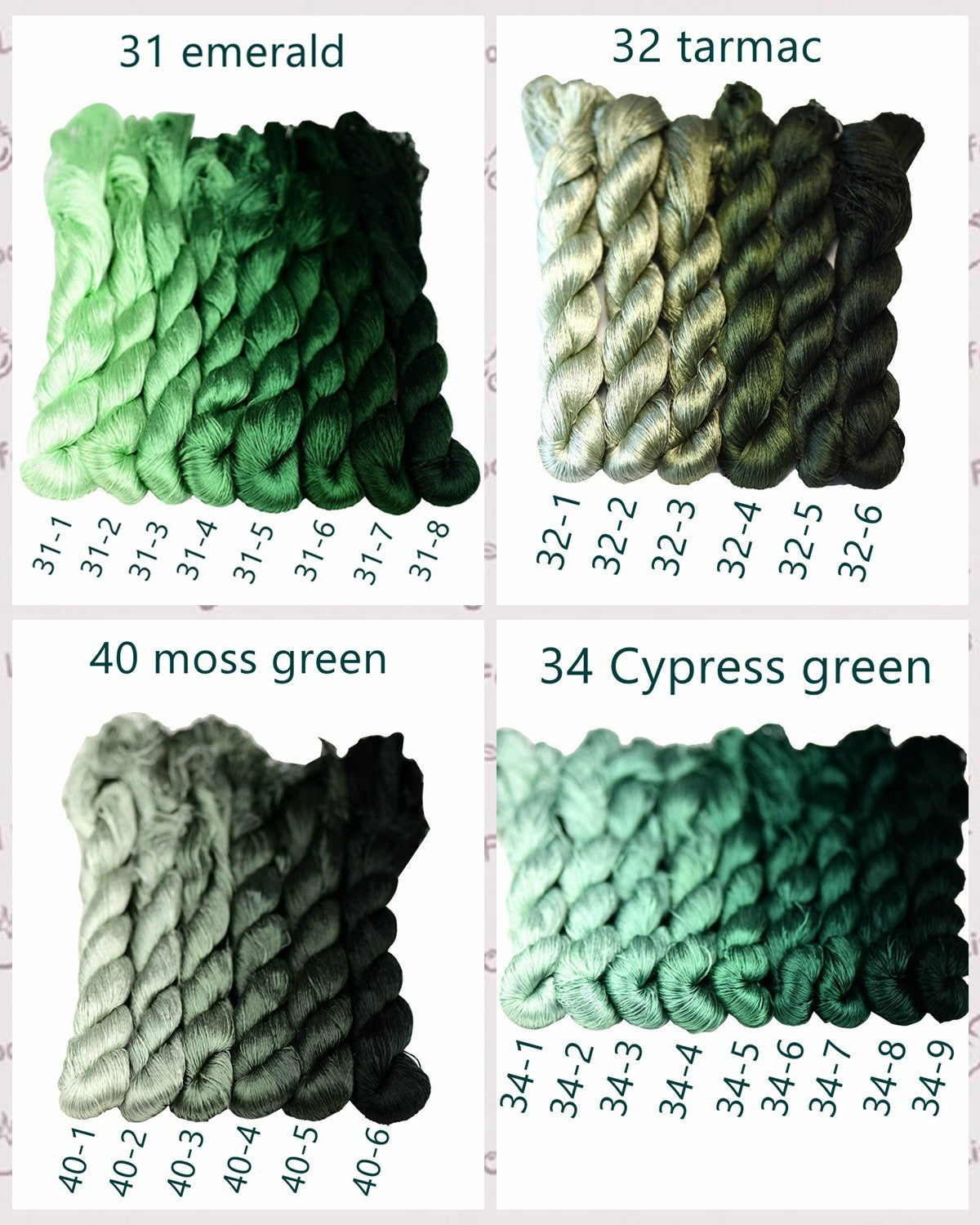 100% Mulberry Silk Embroidery Thread Skeins, Green Colors, 400meters