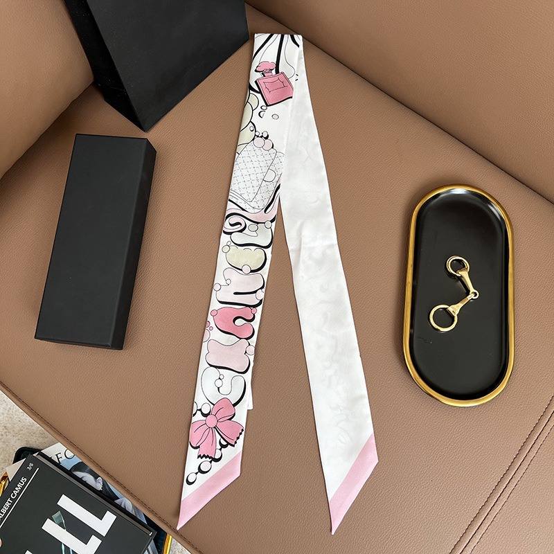 Chane*l Silk Slim Camellia CC Bandeau Scarf