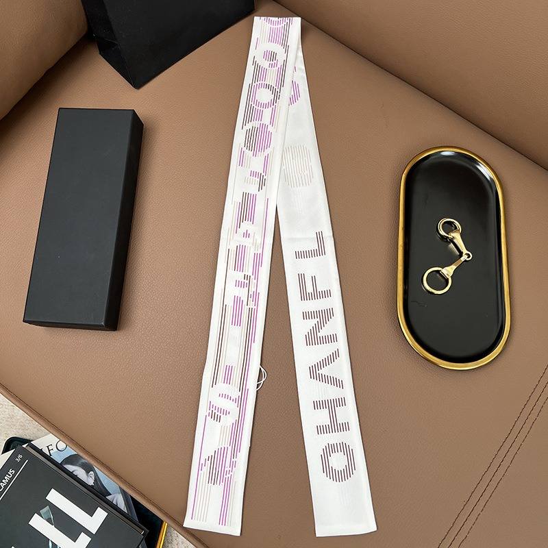 Chane*l Silk Slim Camellia CC Bandeau Scarf