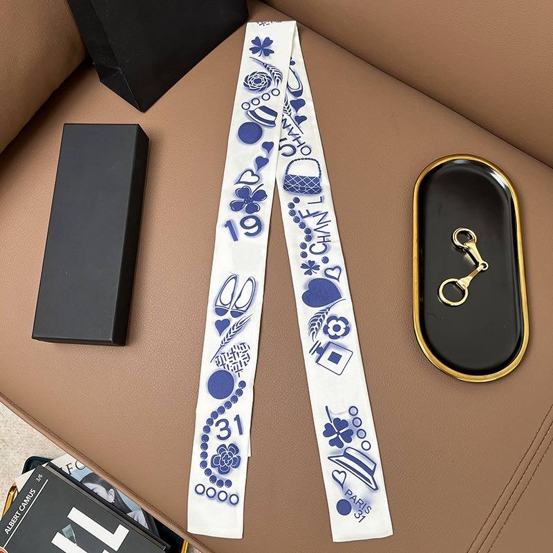 Chane*l Silk Slim Camellia CC Bandeau Scarf