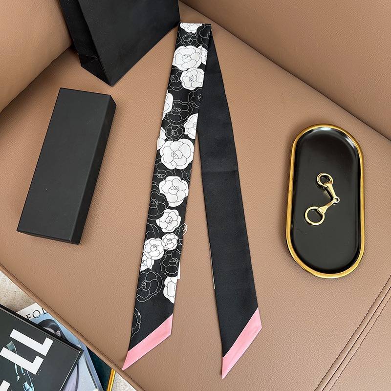 Chane*l Silk Slim Camellia CC Bandeau Scarf